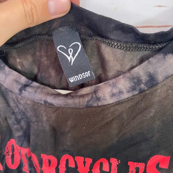 Windsor L Black Motorcycle Tie Dye Short Sleeve Graphic Boxy Tshirt Crop Top - Picture 6 of 7